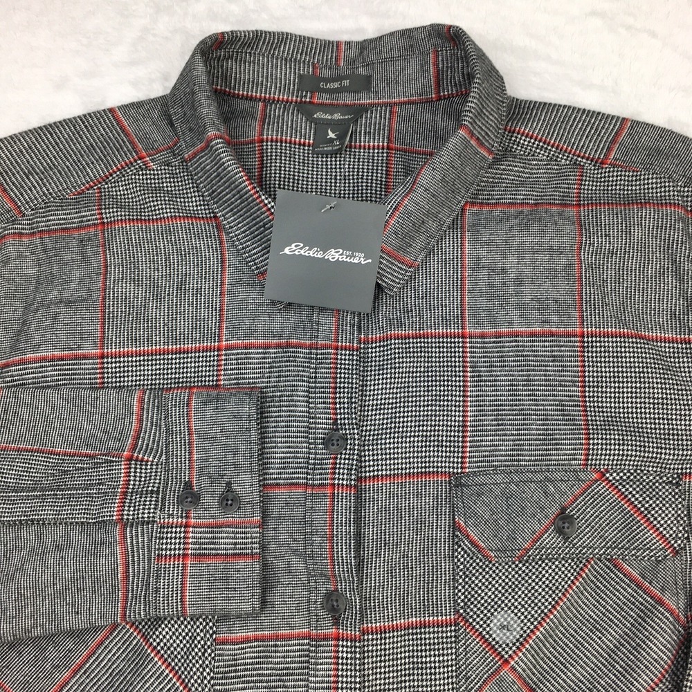 EDDIE BAUER Shirt Womens XL Gray w/Red Checks Classic Fit Dual Pocket‎ NWT!